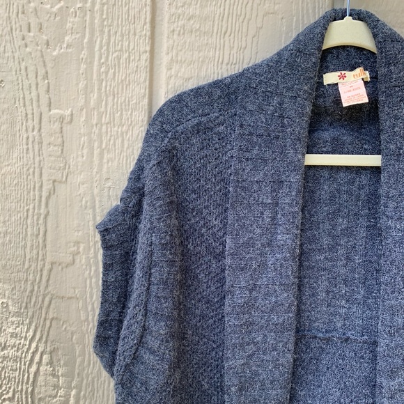 Tulle sleeveless ribbed chunky knit gray blue wrap open front cardigan sweater - Picture 10 of 11